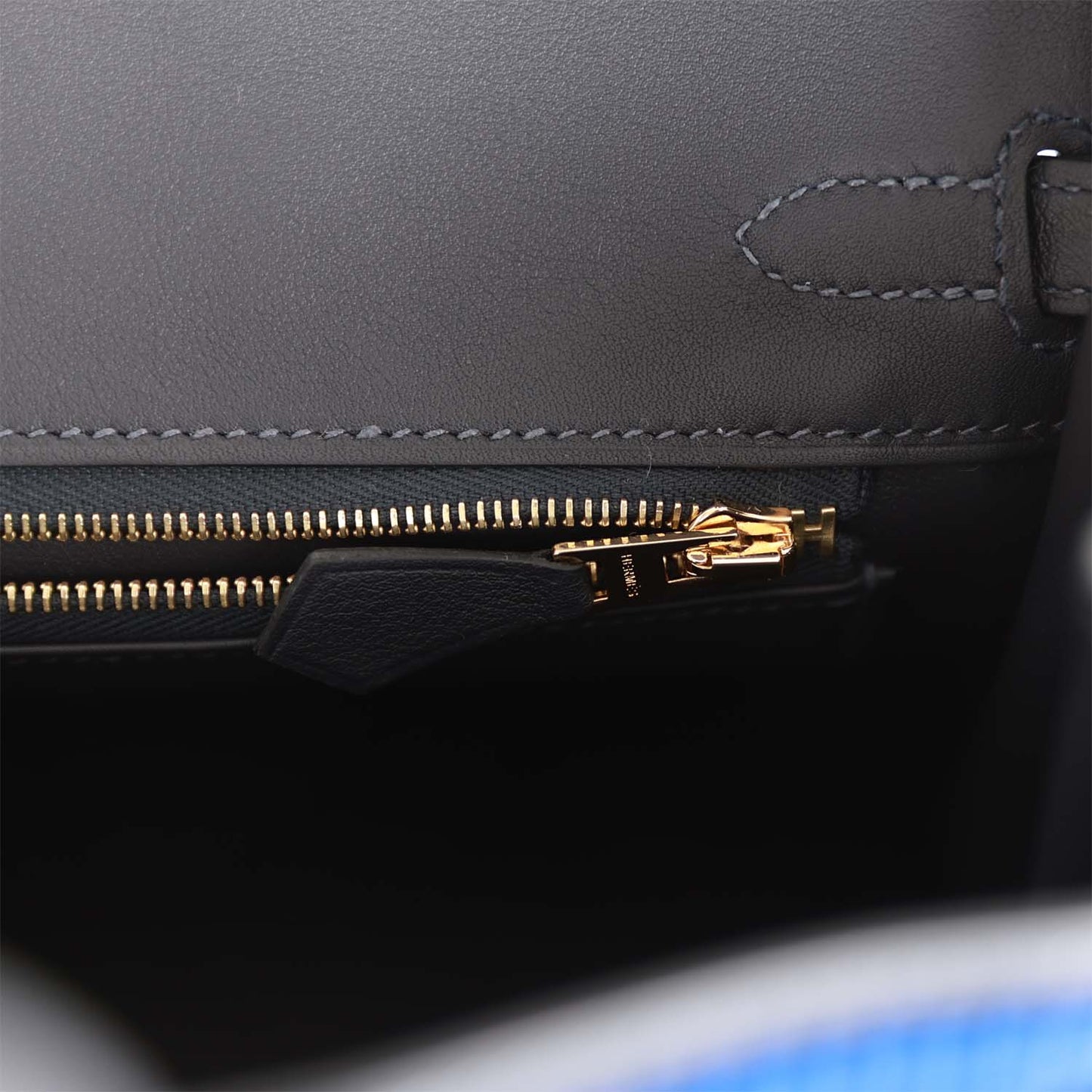Luxury Hermes Birkin 25 Cote-a-Cote Tuffetage Bleu Saphir and Caban Swift Permabrass Hardware