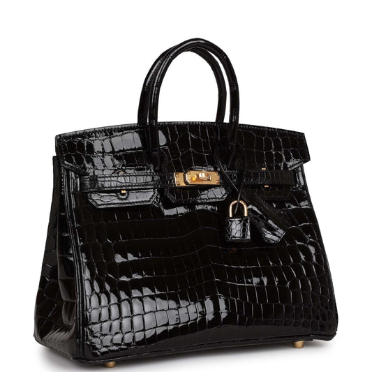 Luxury Hermes Birkin 25 Black Shiny Niloticus Crocodile Gold Hardware