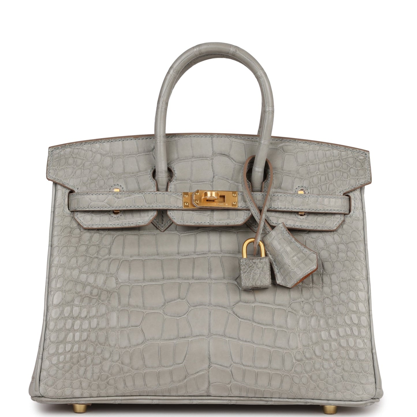 Luxury Hermes Special Order (HSS) Birkin 25 Gris Perle Verso Matte Alligator Brushed Gold Hardware