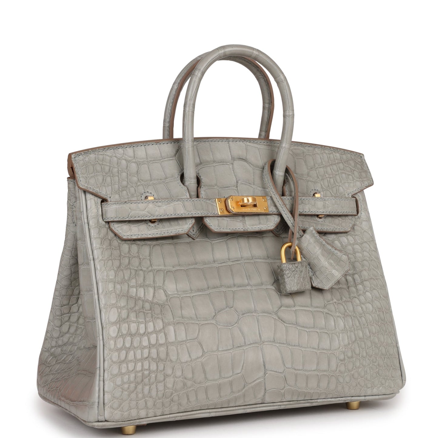 Luxury Hermes Special Order (HSS) Birkin 25 Gris Perle Verso Matte Alligator Brushed Gold Hardware
