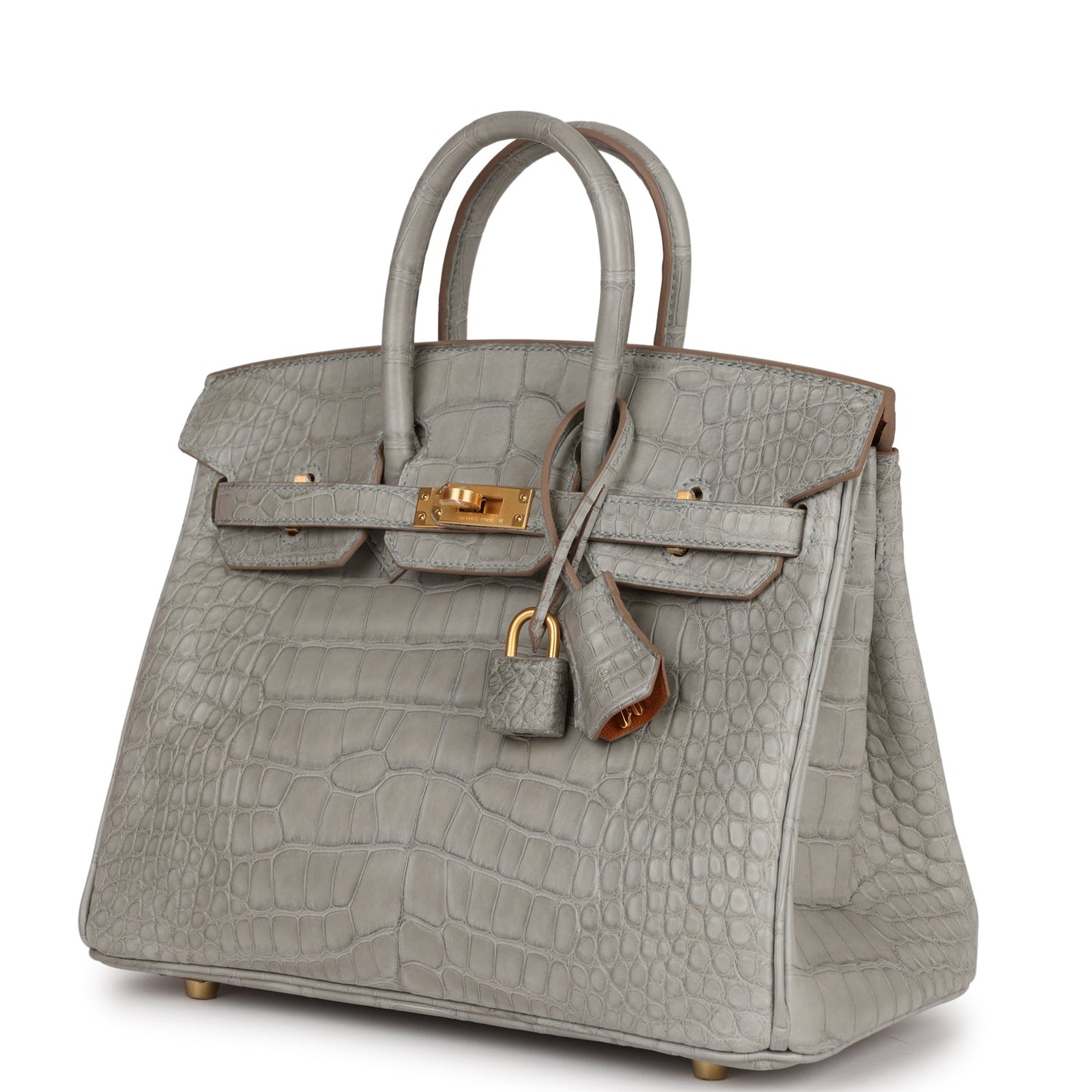 Luxury Hermes Special Order (HSS) Birkin 25 Gris Perle Verso Matte Alligator Brushed Gold Hardware