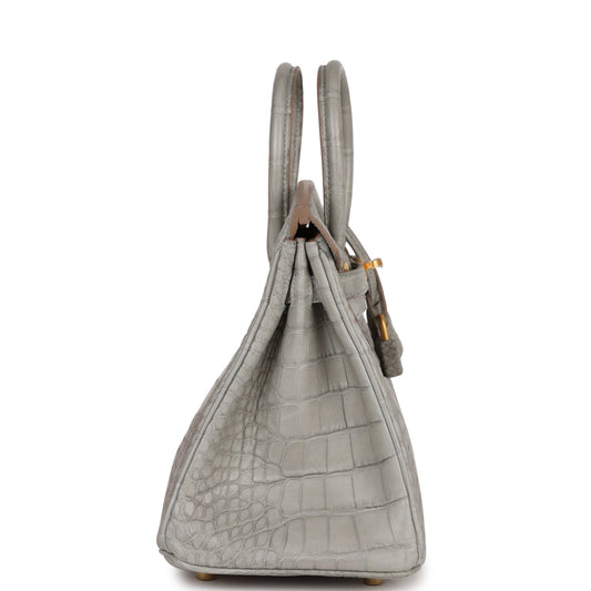 Luxury Hermes Special Order (HSS) Birkin 25 Gris Perle Verso Matte Alligator Brushed Gold Hardware