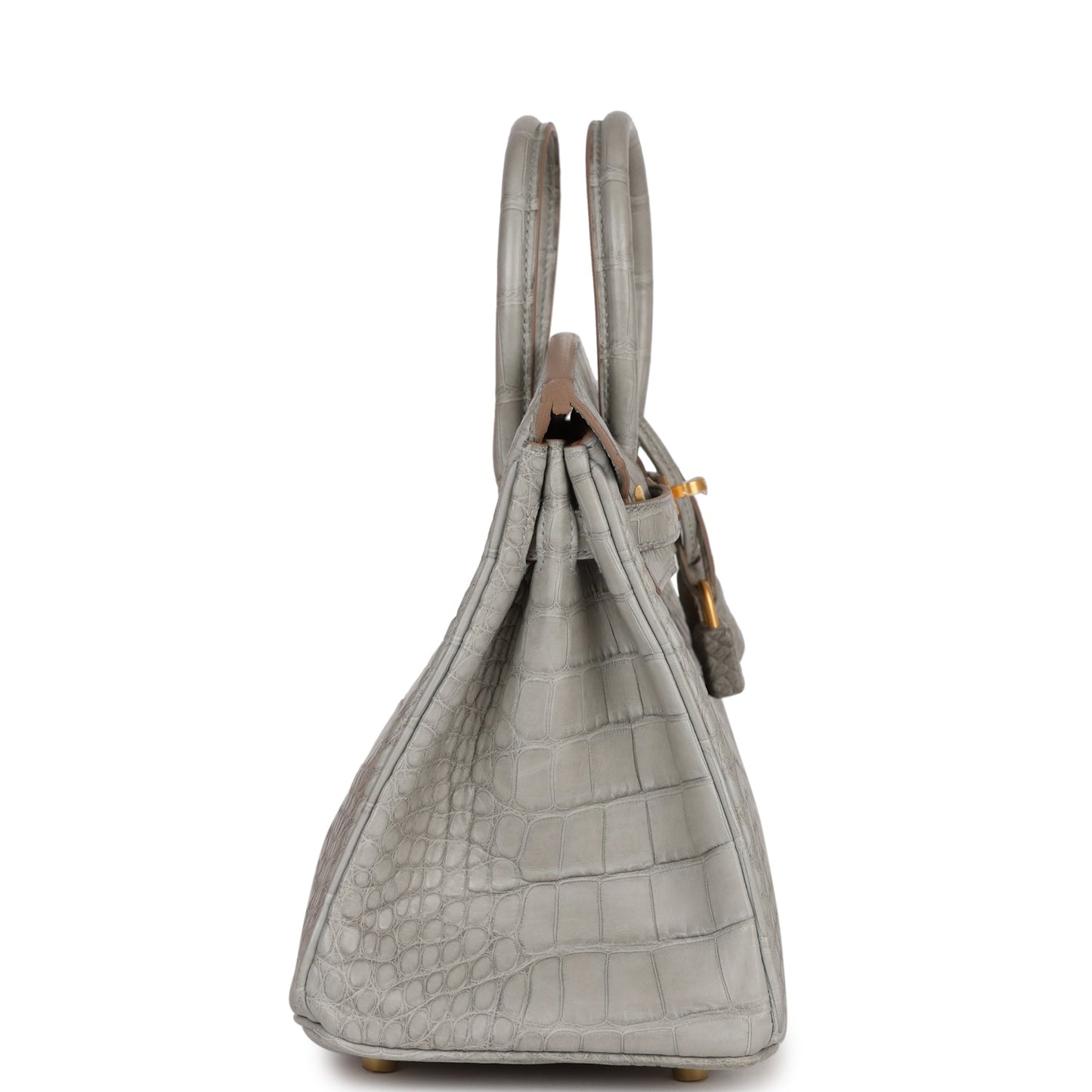 Luxury Hermes Special Order (HSS) Birkin 25 Gris Perle Verso Matte Alligator Brushed Gold Hardware