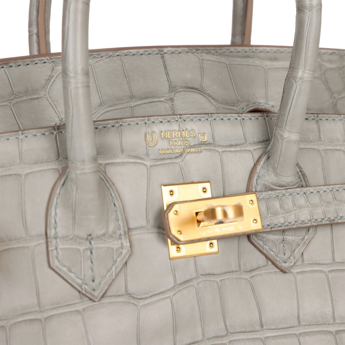 Luxury Hermes Special Order (HSS) Birkin 25 Gris Perle Verso Matte Alligator Brushed Gold Hardware