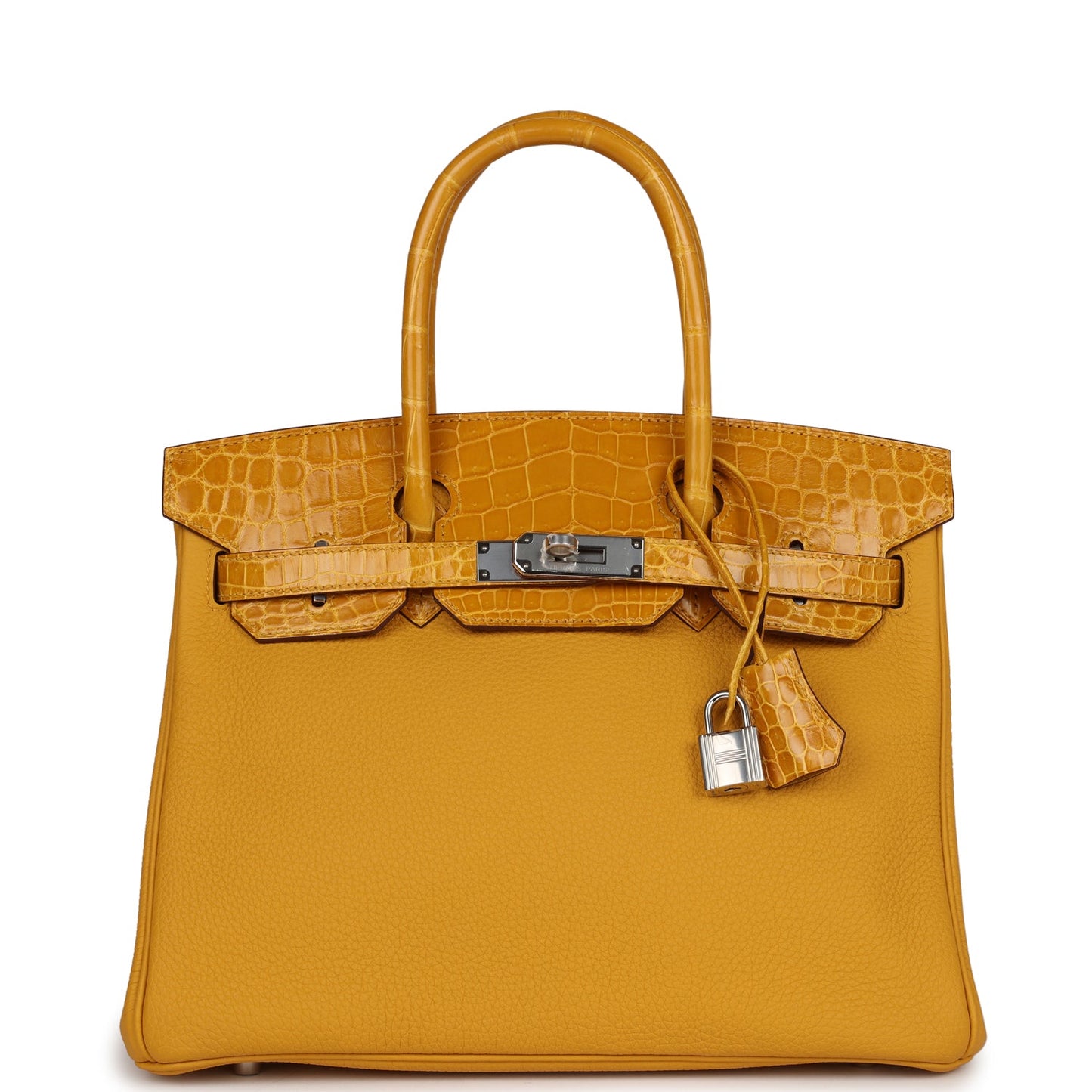 Luxury Hermes Birkin 30 Jaune Ambre Shiny Niloticus Crocodile and Togo Touch Palladium Hardware