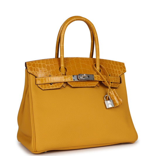 Luxury Hermes Birkin 30 Jaune Ambre Shiny Niloticus Crocodile and Togo Touch Palladium Hardware