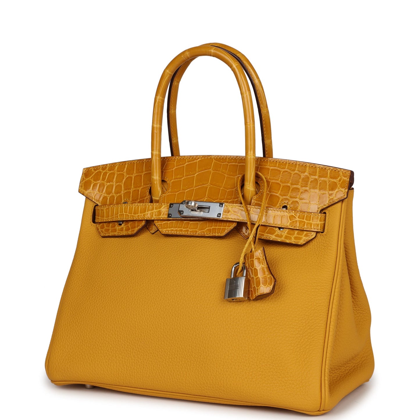 Luxury Hermes Birkin 30 Jaune Ambre Shiny Niloticus Crocodile and Togo Touch Palladium Hardware