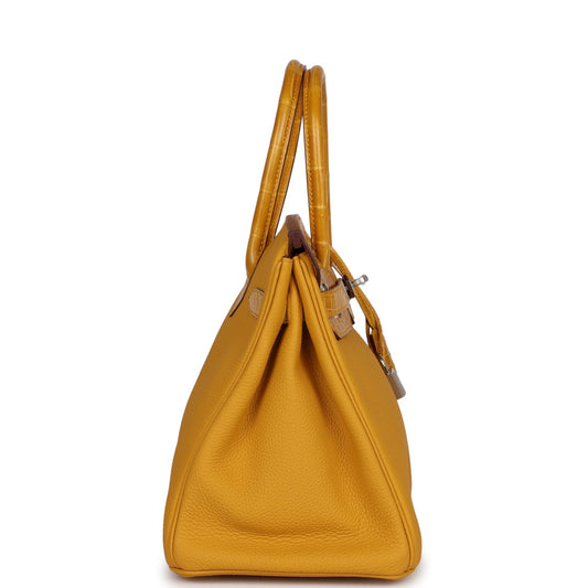 Luxury Hermes Birkin 30 Jaune Ambre Shiny Niloticus Crocodile and Togo Touch Palladium Hardware