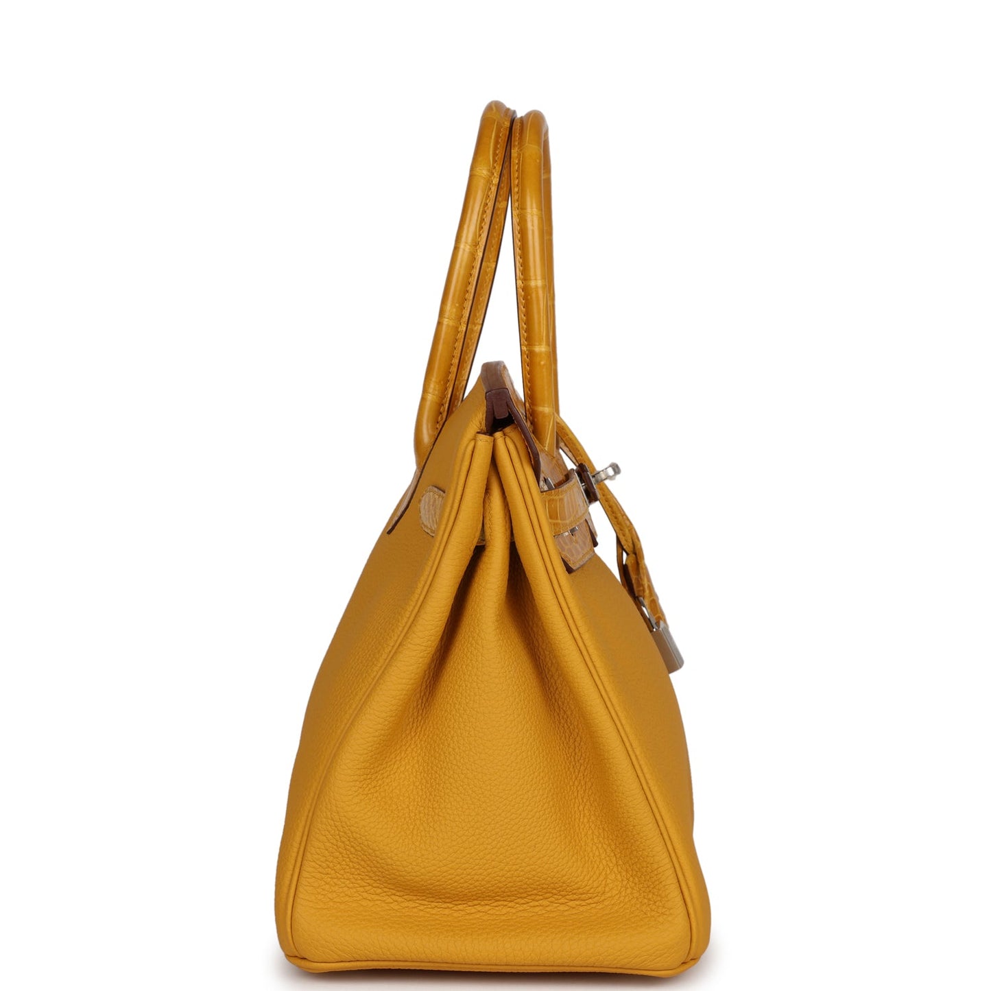 Luxury Hermes Birkin 30 Jaune Ambre Shiny Niloticus Crocodile and Togo Touch Palladium Hardware