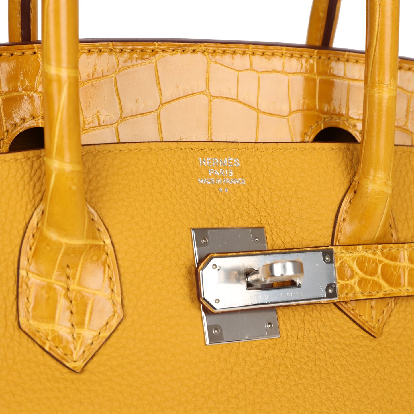Luxury Hermes Birkin 30 Jaune Ambre Shiny Niloticus Crocodile and Togo Touch Palladium Hardware
