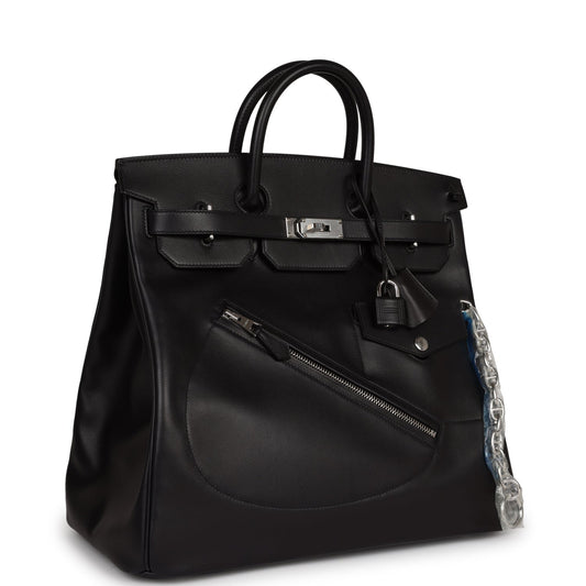 Luxury Hermes Birkin 40 HAC "Rock" Black Evercolor Palladium Hardware