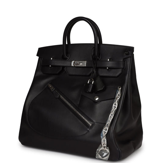 Luxury Hermes Birkin 40 HAC "Rock" Black Evercolor Palladium Hardware