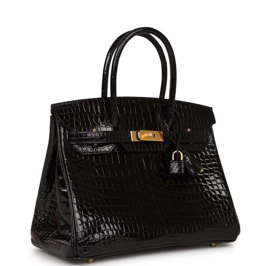 Luxury Hermes Birkin 30 Black Shiny Crocodile Porosus Gold Hardware
