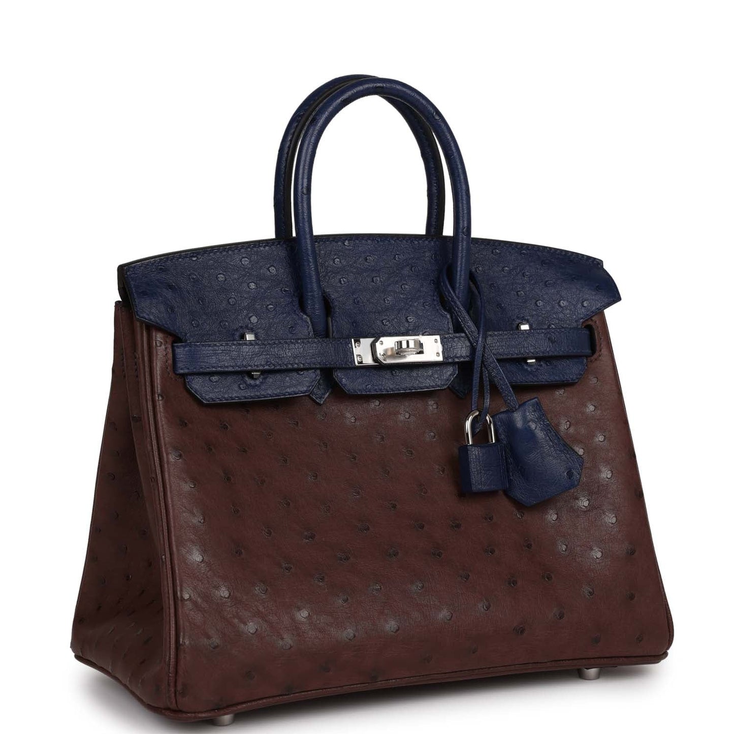 Luxury Hermes Bi-Color Birkin 25 Rouge Sellier and Bleu Saphir Ostrich Palladium Hardware