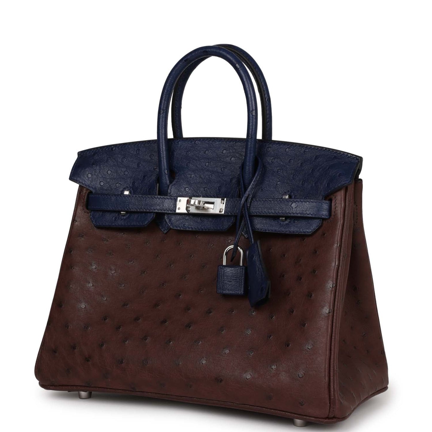 Luxury Hermes Bi-Color Birkin 25 Rouge Sellier and Bleu Saphir Ostrich Palladium Hardware