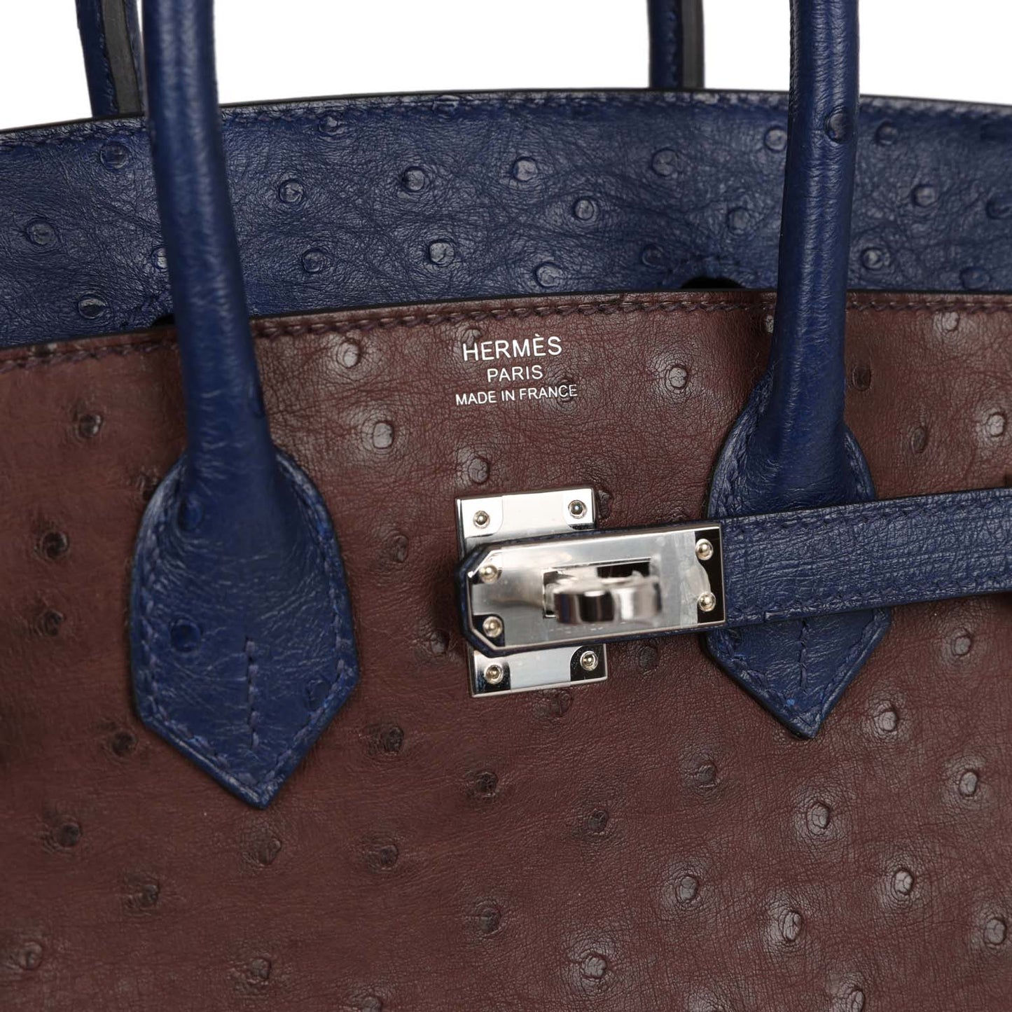 Luxury Hermes Bi-Color Birkin 25 Rouge Sellier and Bleu Saphir Ostrich Palladium Hardware