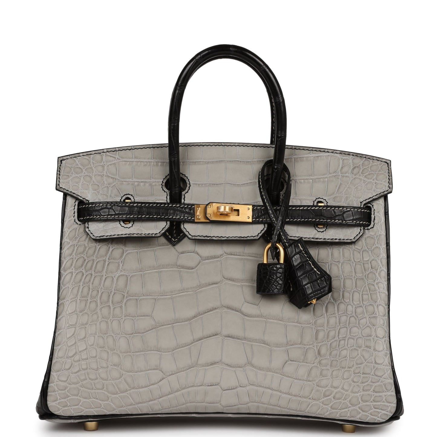 Luxury Hermes Special Order (HSS) Birkin 25 Gris Perle and Black Matte Alligator Brushed Gold Hardware