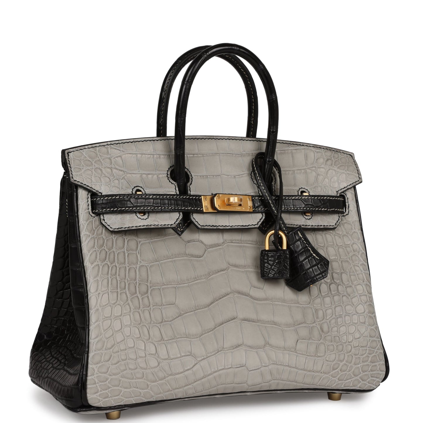 Luxury Hermes Special Order (HSS) Birkin 25 Gris Perle and Black Matte Alligator Brushed Gold Hardware