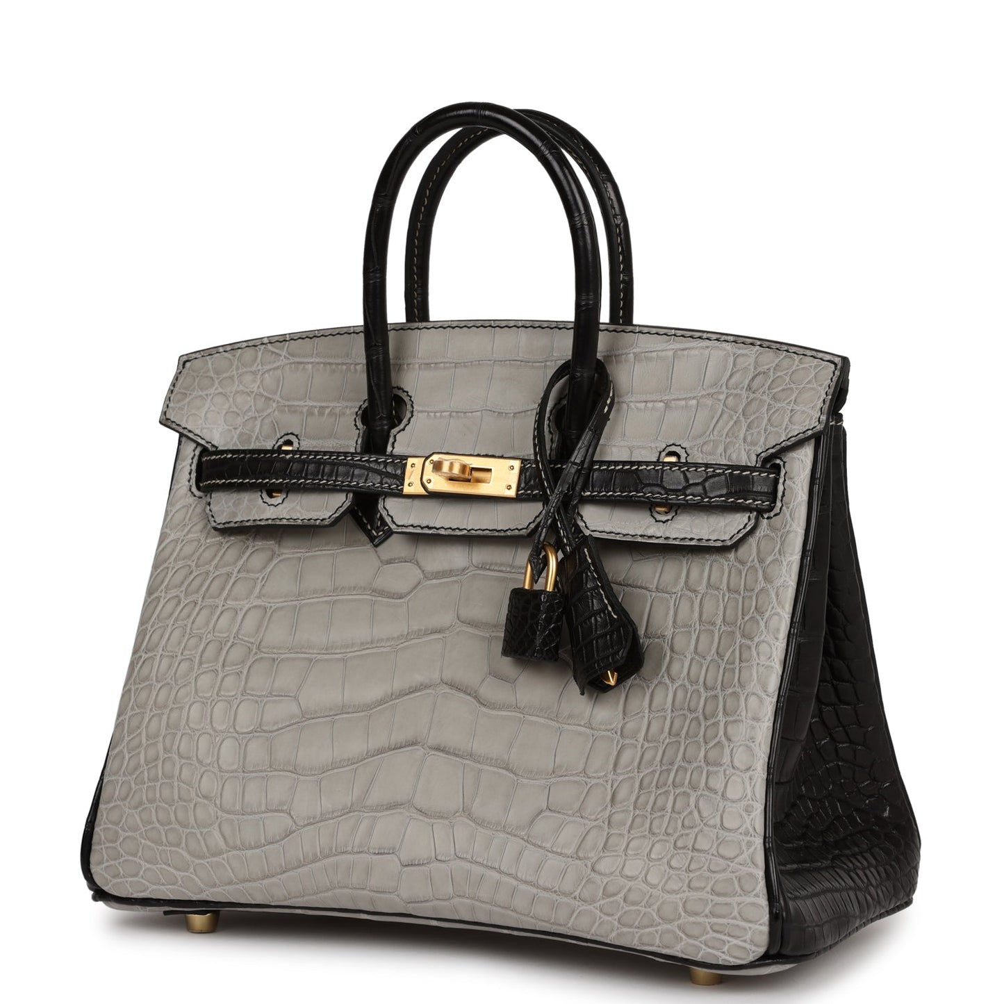 Luxury Hermes Special Order (HSS) Birkin 25 Gris Perle and Black Matte Alligator Brushed Gold Hardware