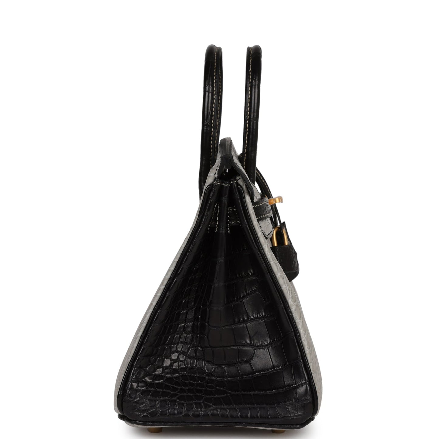 Luxury Hermes Special Order (HSS) Birkin 25 Gris Perle and Black Matte Alligator Brushed Gold Hardware