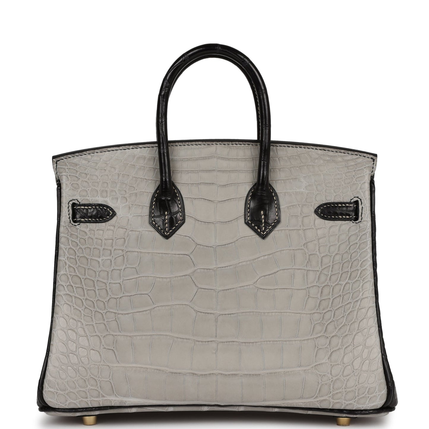 Luxury Hermes Special Order (HSS) Birkin 25 Gris Perle and Black Matte Alligator Brushed Gold Hardware