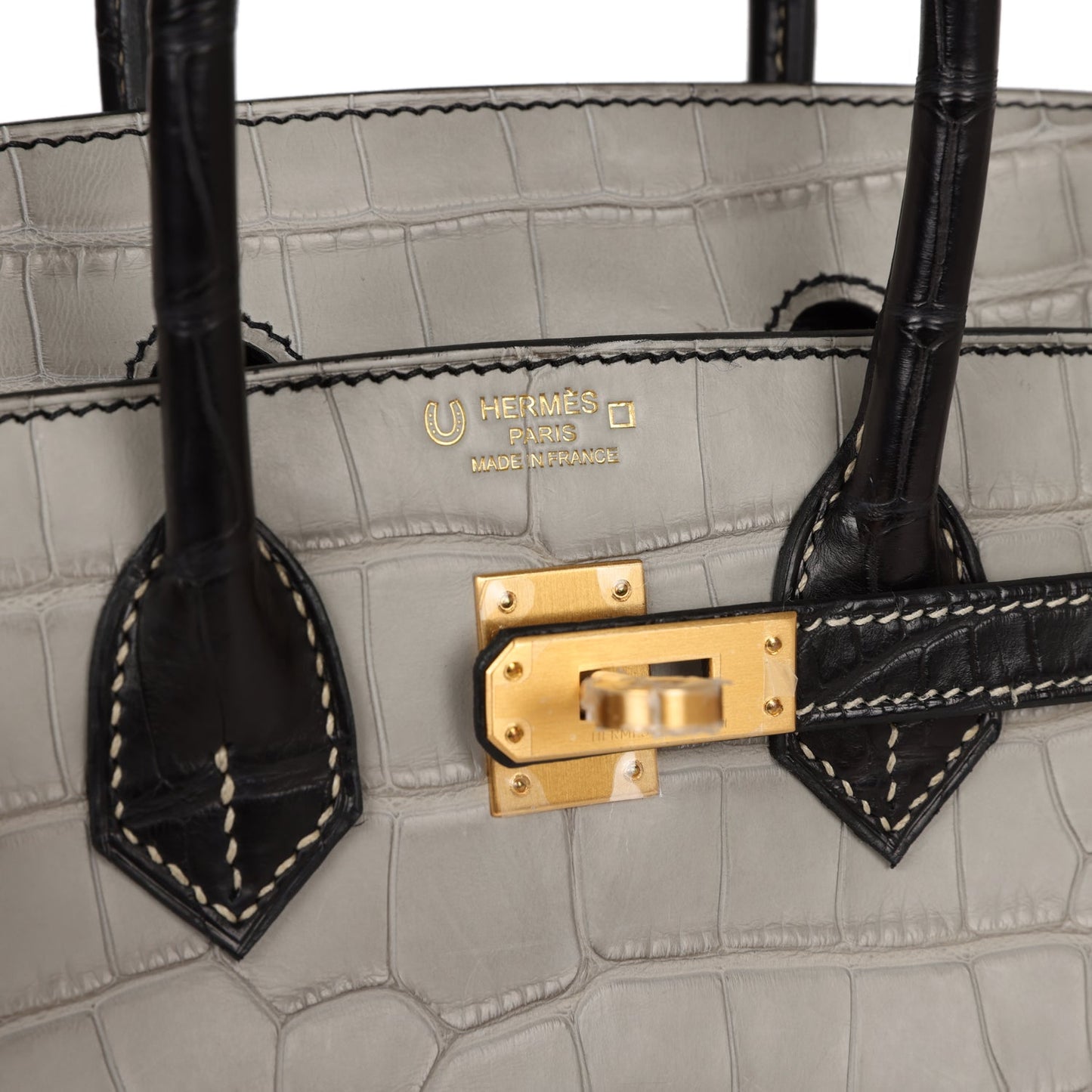 Luxury Hermes Special Order (HSS) Birkin 25 Gris Perle and Black Matte Alligator Brushed Gold Hardware