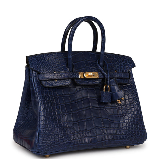 Luxury Hermes Birkin 25 Bleu Saphir Matte Alligator Gold Hardware