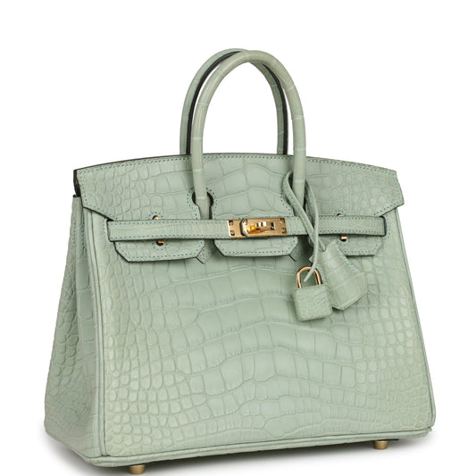 Luxury Hermes Birkin 25 Vert D'Eau Matte Alligator Gold Hardware