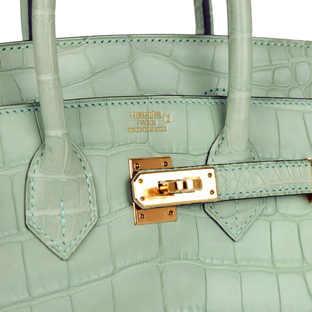Luxury Hermes Birkin 25 Vert D'Eau Matte Alligator Gold Hardware