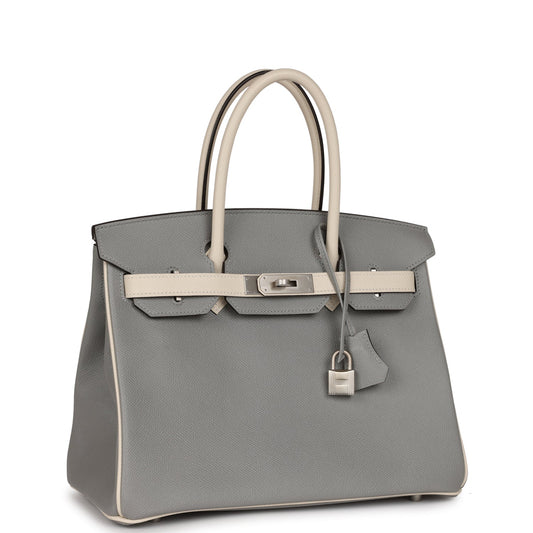 Luxury Hermes Special Order (HSS) Birkin 30 Gris Mouette and Craie Epsom Brushed Palladium Hardware