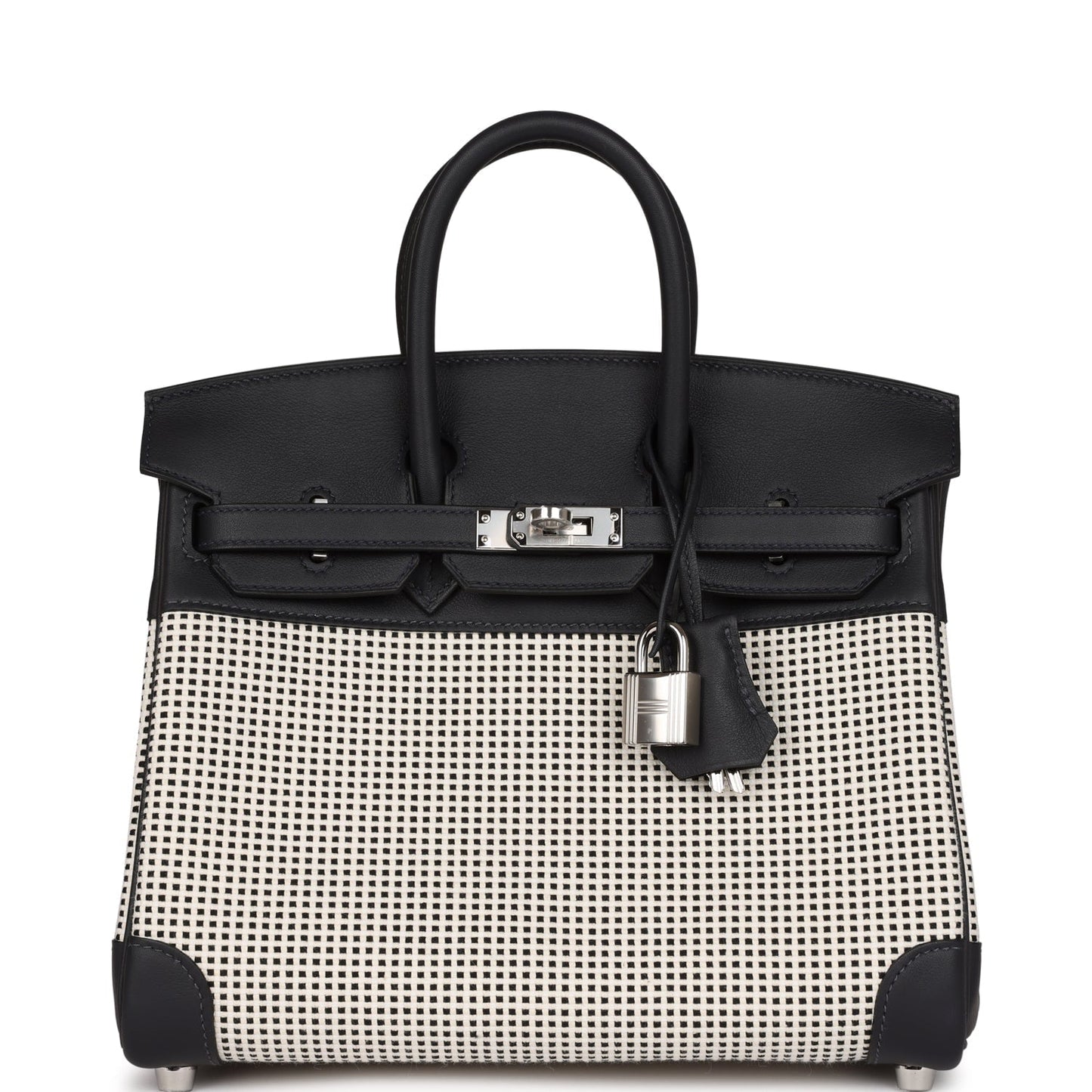 Luxury Hermes Quadrille Birkin 25 Black Swift and Ecru Toile Palladium Hardware
