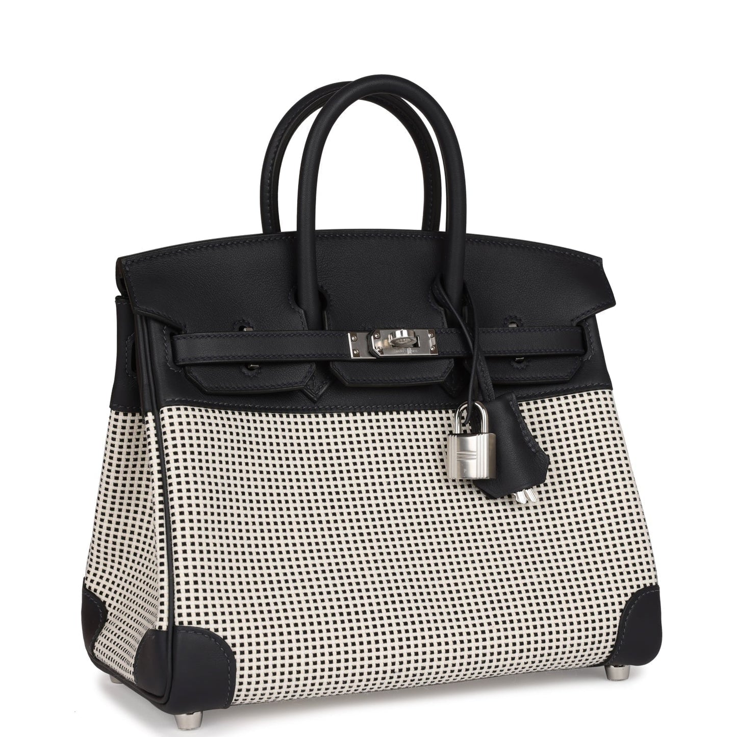 Luxury Hermes Quadrille Birkin 25 Black Swift and Ecru Toile Palladium Hardware
