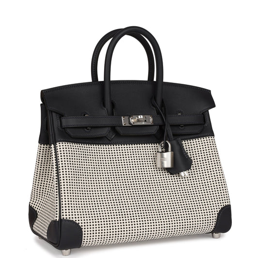 Luxury Hermes Quadrille Birkin 25 Black Swift and Ecru Toile Palladium Hardware