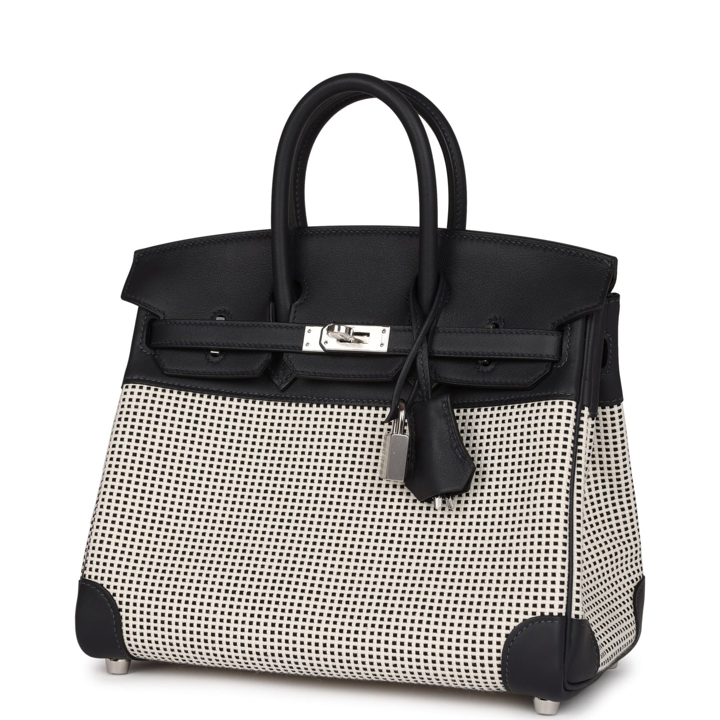 Luxury Hermes Quadrille Birkin 25 Black Swift and Ecru Toile Palladium Hardware
