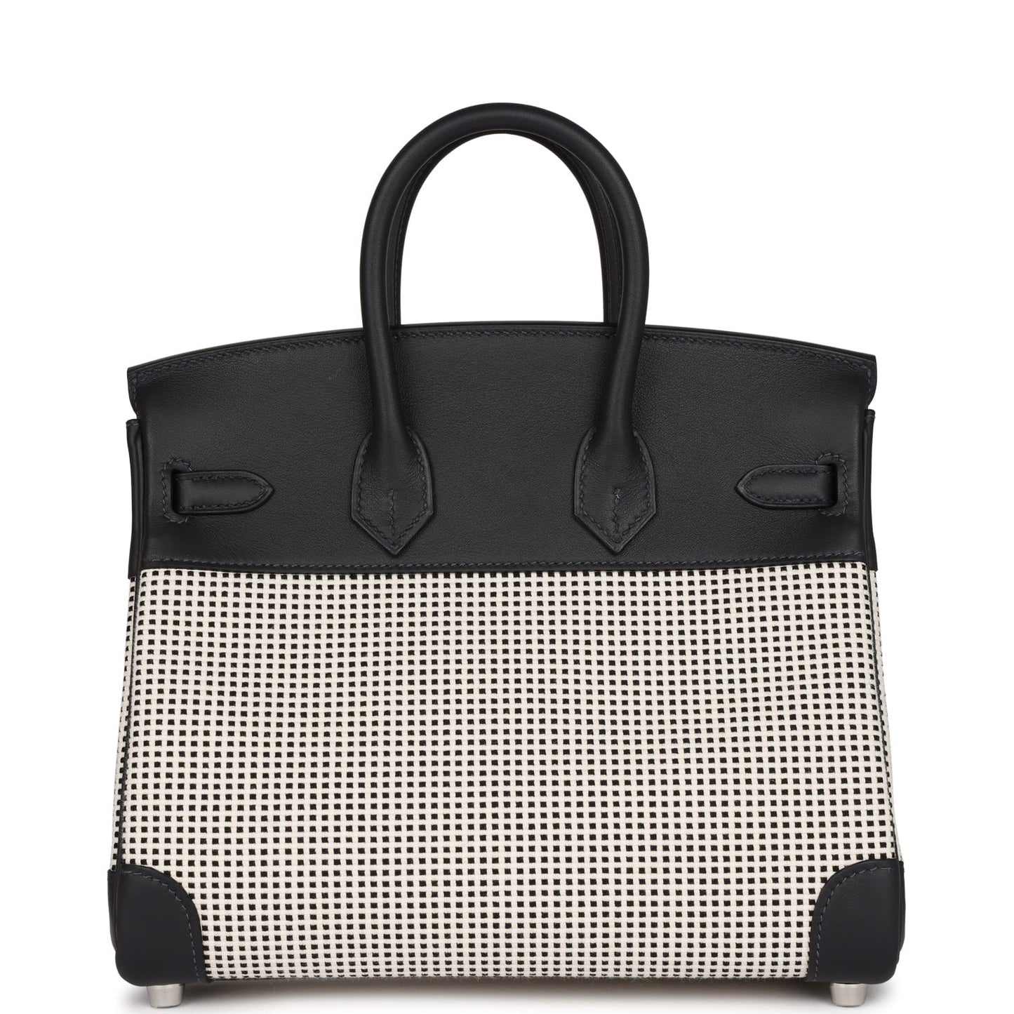 Luxury Hermes Quadrille Birkin 25 Black Swift and Ecru Toile Palladium Hardware