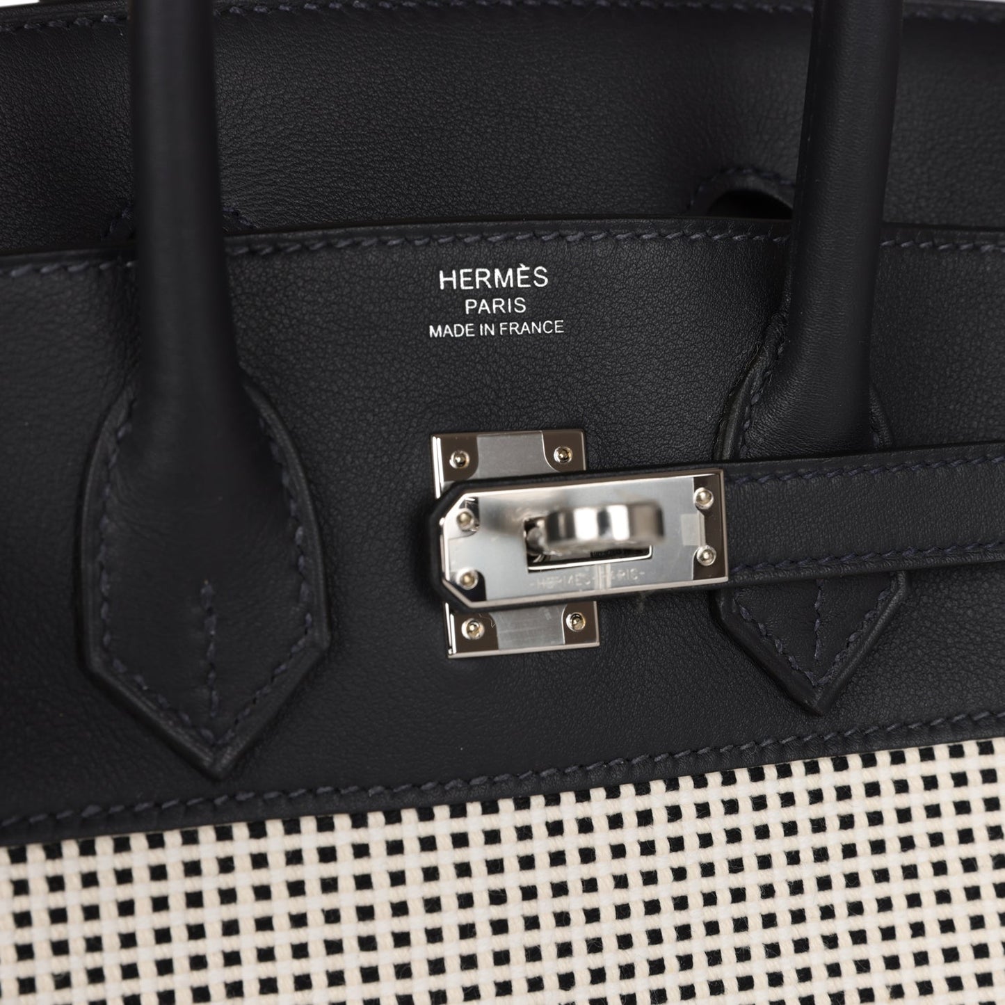 Luxury Hermes Quadrille Birkin 25 Black Swift and Ecru Toile Palladium Hardware