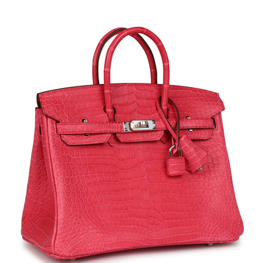 Luxury Hermes Birkin 25 Rose Extreme Matte Porosus Crocodile Palladium Hardware
