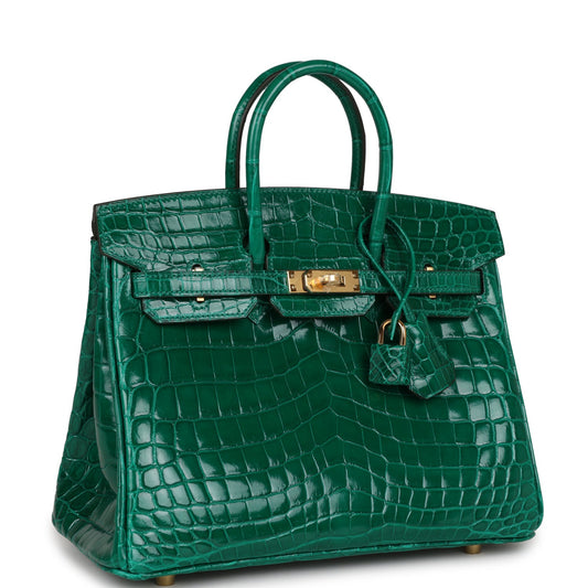 Luxury Hermes Birkin 25 Emerald Shiny Niloticus Crocodile Gold Hardware