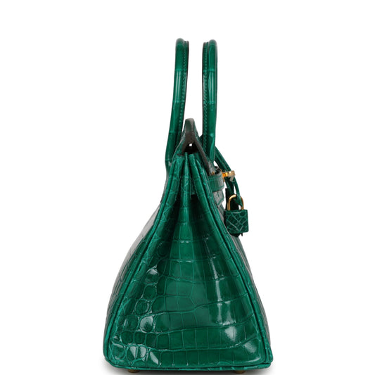 Luxury Hermes Birkin 25 Emerald Shiny Niloticus Crocodile Gold Hardware