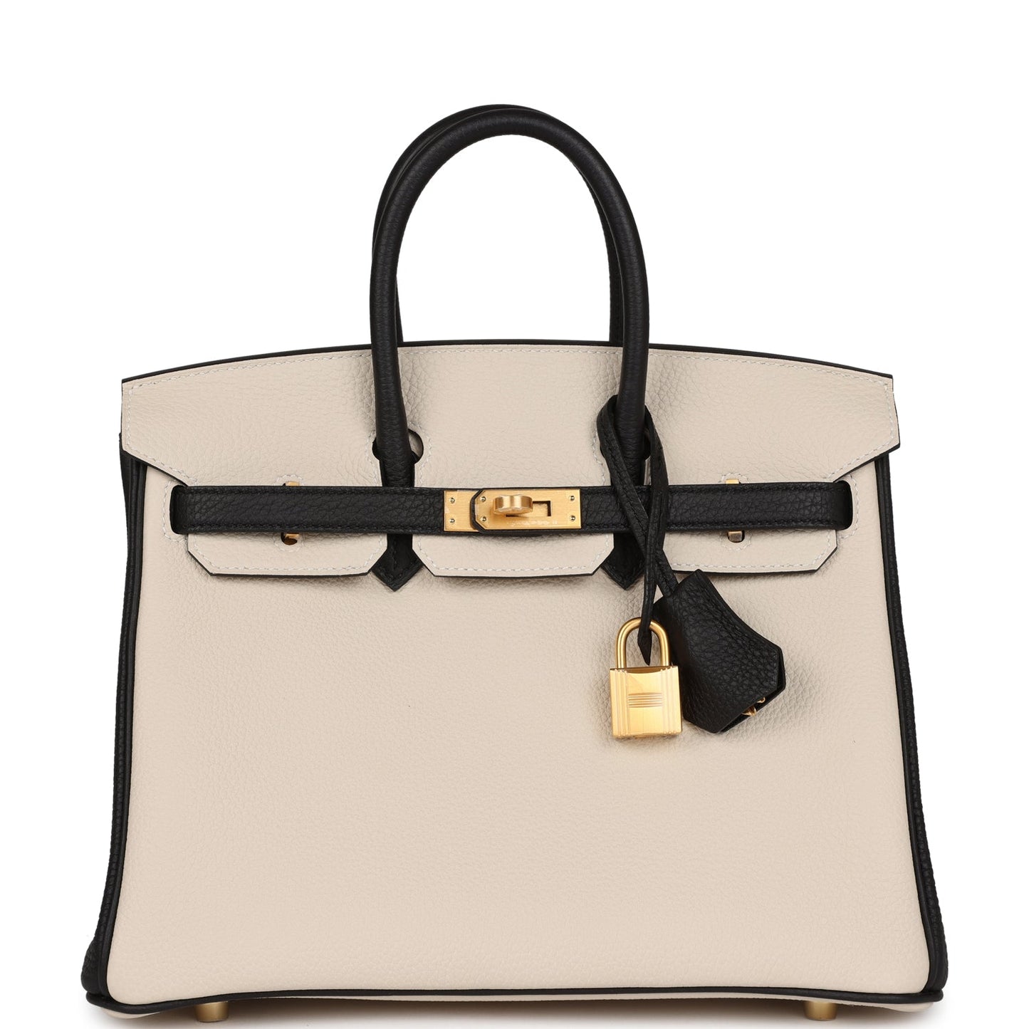 Luxury Hermes Special Order (HSS) Birkin 25 Craie and Black Togo Brushed Gold Hardware