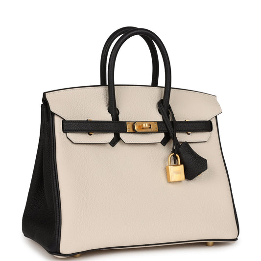 Luxury Hermes Special Order (HSS) Birkin 25 Craie and Black Togo Brushed Gold Hardware