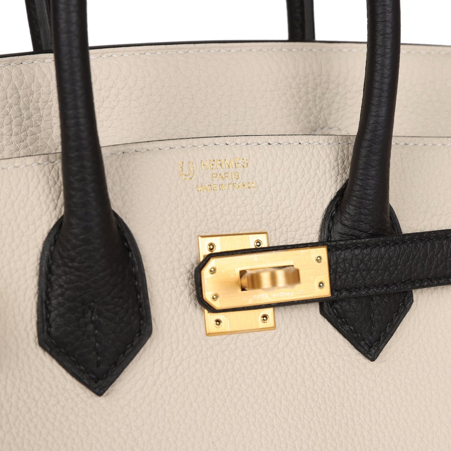 Luxury Hermes Special Order (HSS) Birkin 25 Craie and Black Togo Brushed Gold Hardware