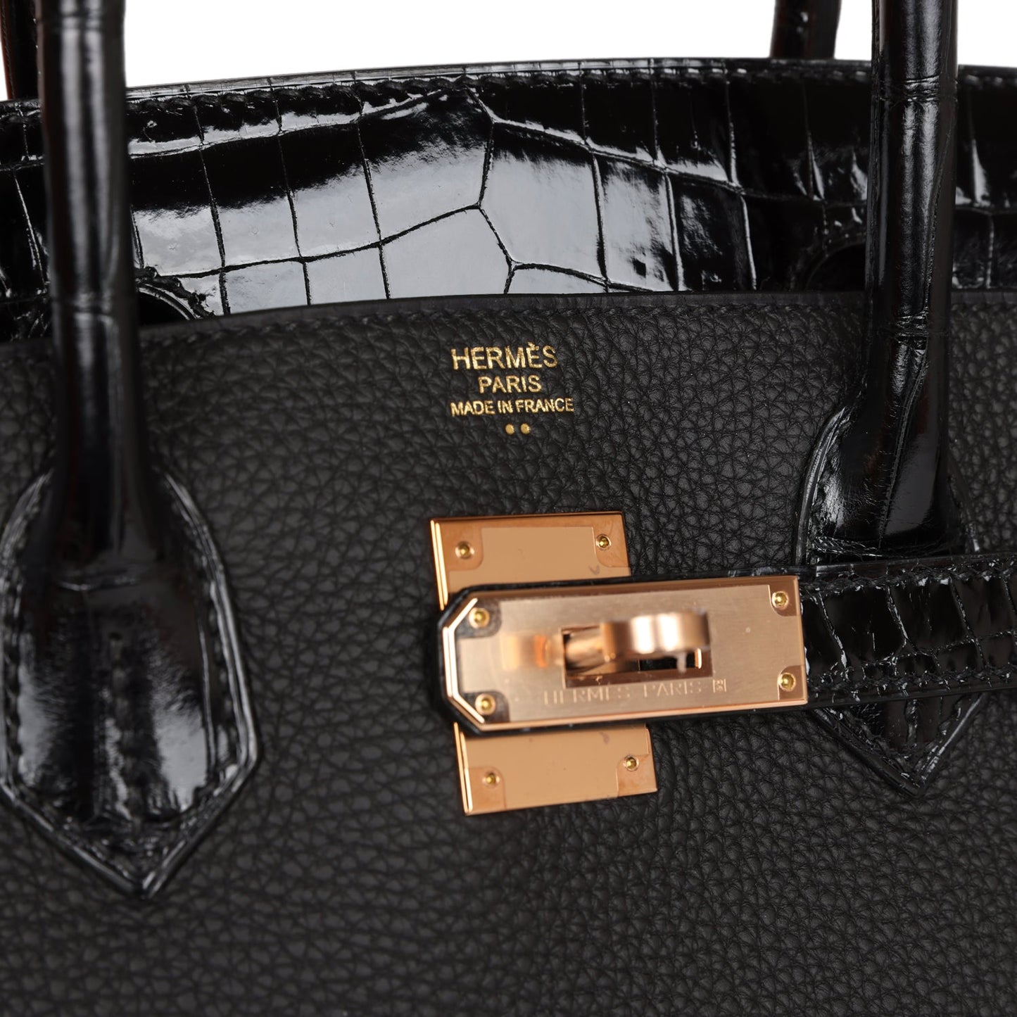 Luxury Hermes Birkin 30 Black Niloticus Crocodile and Togo Touch Rose Gold Hardware