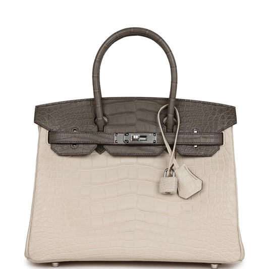 Luxury Hermes Bi-color Birkin 30 Beton and Etain Matte Alligator Palladium Hardware