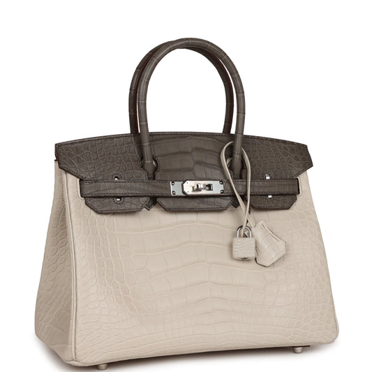 Luxury Hermes Bi-color Birkin 30 Beton and Etain Matte Alligator Palladium Hardware