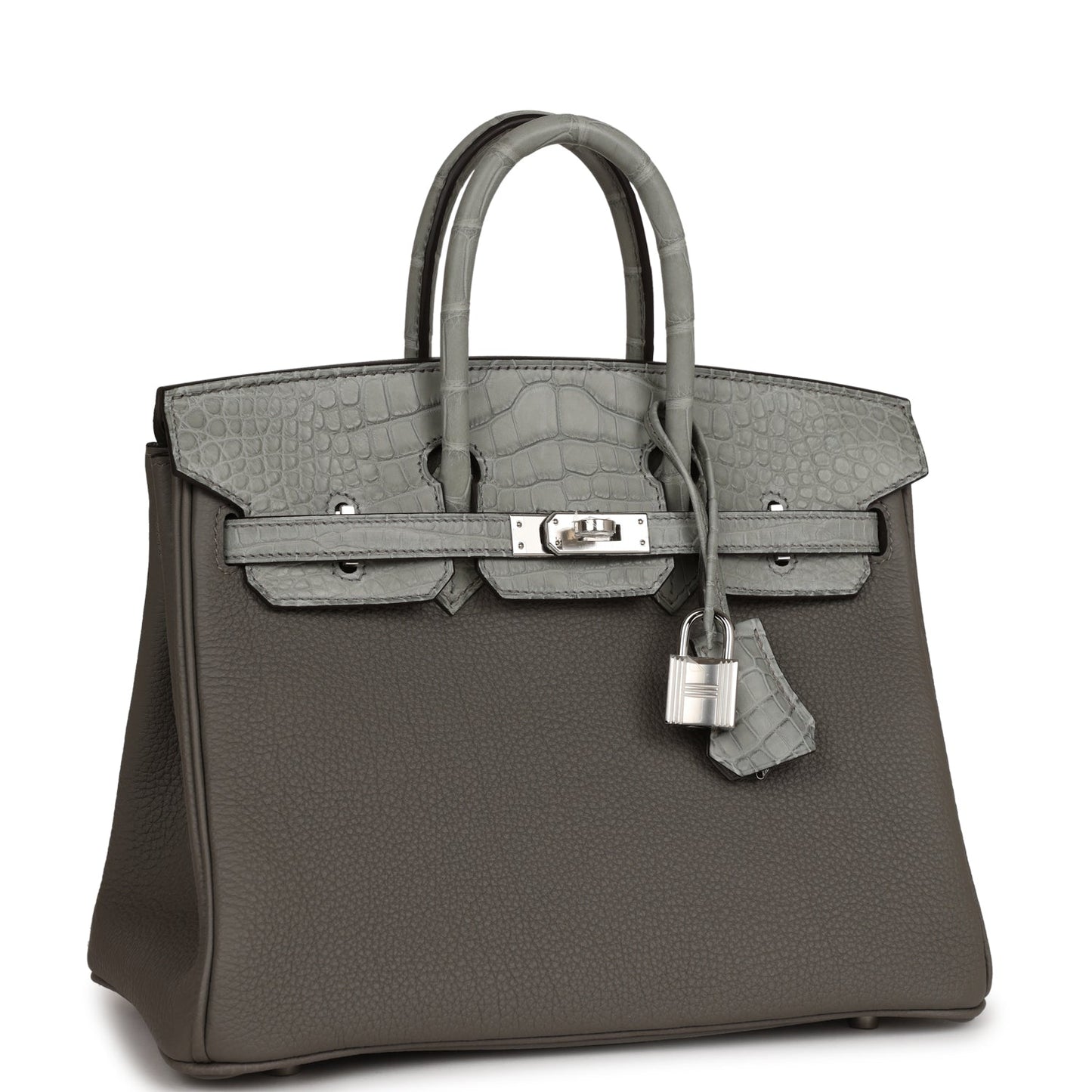 Luxury Hermes Birkin 25 Gris Meyer Togo and Gris Ciment Matte Alligator Touch Palladium Hardware