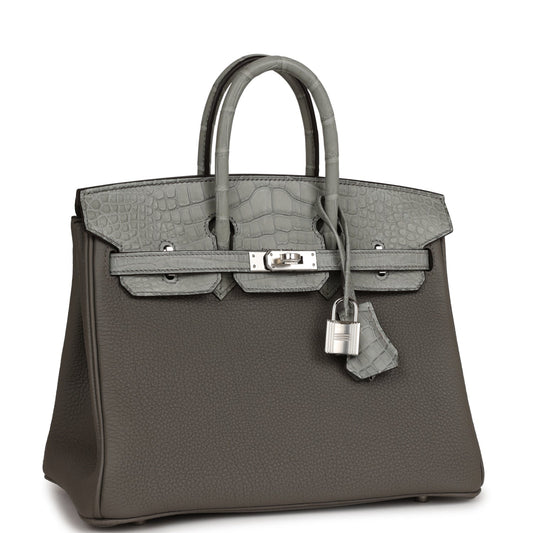 Luxury Hermes Birkin 25 Gris Meyer Togo and Gris Ciment Matte Alligator Touch Palladium Hardware