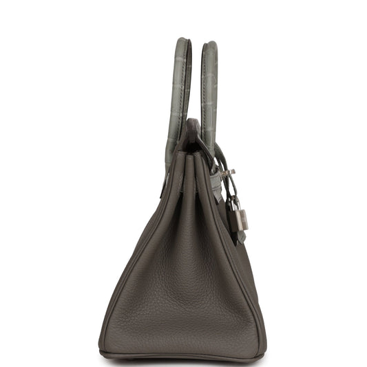 Luxury Hermes Birkin 25 Gris Meyer Togo and Gris Ciment Matte Alligator Touch Palladium Hardware