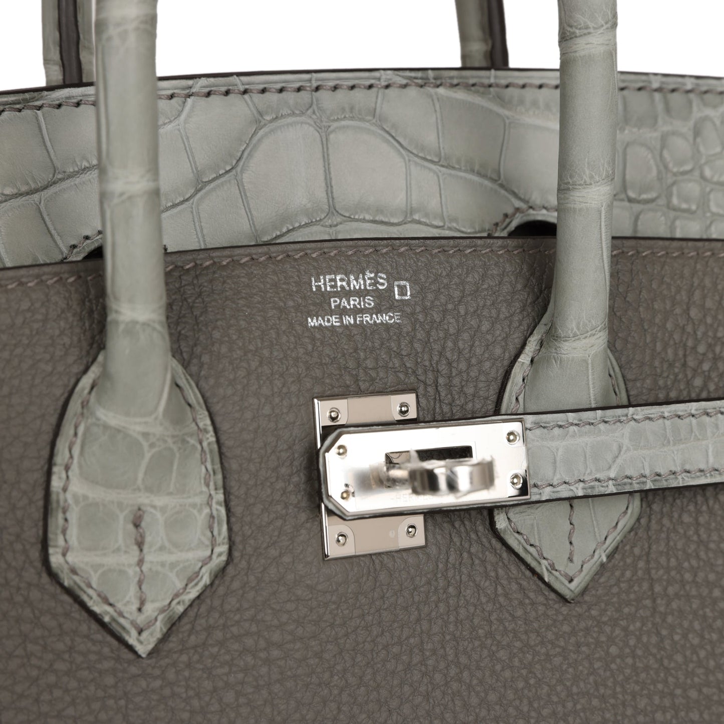 Luxury Hermes Birkin 25 Gris Meyer Togo and Gris Ciment Matte Alligator Touch Palladium Hardware