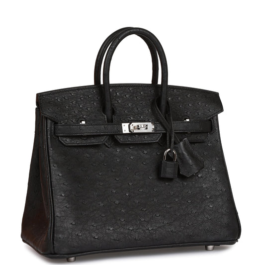 Luxury Hermes Birkin 25 Black Ostrich Palladium Hardware